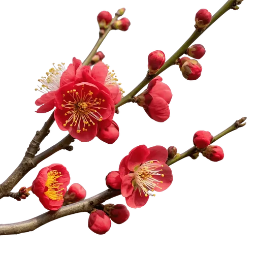 带花苞和绽放红花的海棠花枝
