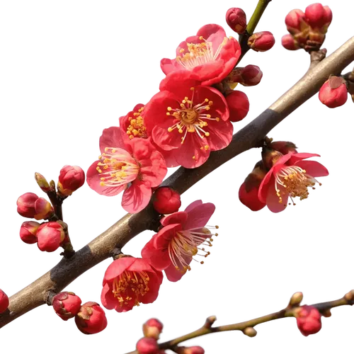 带花苞和绽放红花的海棠花枝