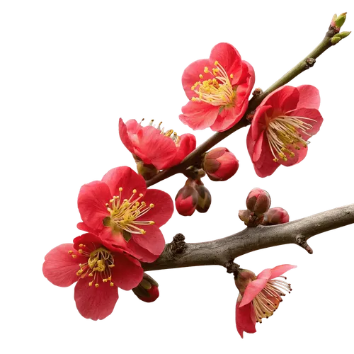 带花苞和绽放红花的海棠花枝